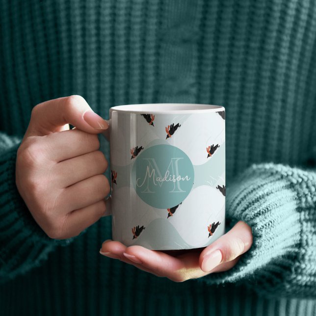 Playful Penguins Sliding on Snow Pattern Coffee Mug (Penguins in the snow patterned coffee mug with custom monogram)