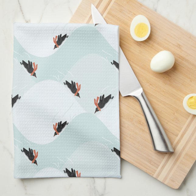 Playful Penguins Sliding on Snow Pattern Tea Towel (Quarter Fold)