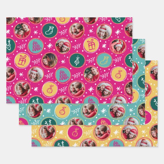 Playful Photo Collage Christmas Bright Colours Wrapping Paper Sheet (Set)