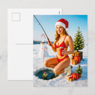 Playful Pin-Up Girl Fishing in Red Bikini Holiday Postcard