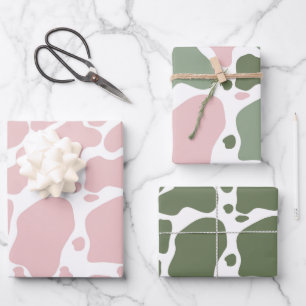 Playful Pink and Sage Green Cow Print Pattern Wrapping Paper Sheet