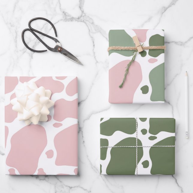 Playful Pink and Sage Green Cow Print Pattern Wrapping Paper Sheet (Front)
