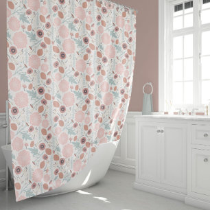 Playful Pink Cream Blue Repeat Floral Print Shower Curtain