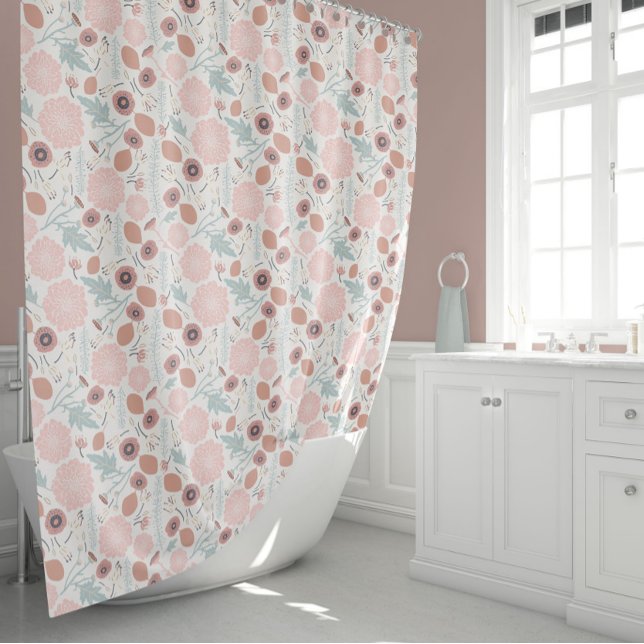 Playful Pink Cream Blue Repeat Floral Print Shower Curtain (Creator Uploaded)