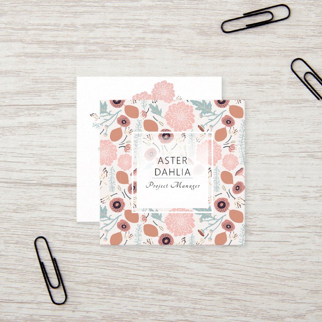 Playful Pink Cream Blue Repeat Floral Print Square Business Card (Playful Pink Cream Blue Repeat Floral Print Square Business Card from Studio Posies. )