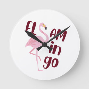 Playful Pink Flamingo Typography Art Round Clock