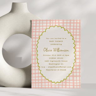 Playful Pink Gingham Scallop Border Baby Shower  Invitation