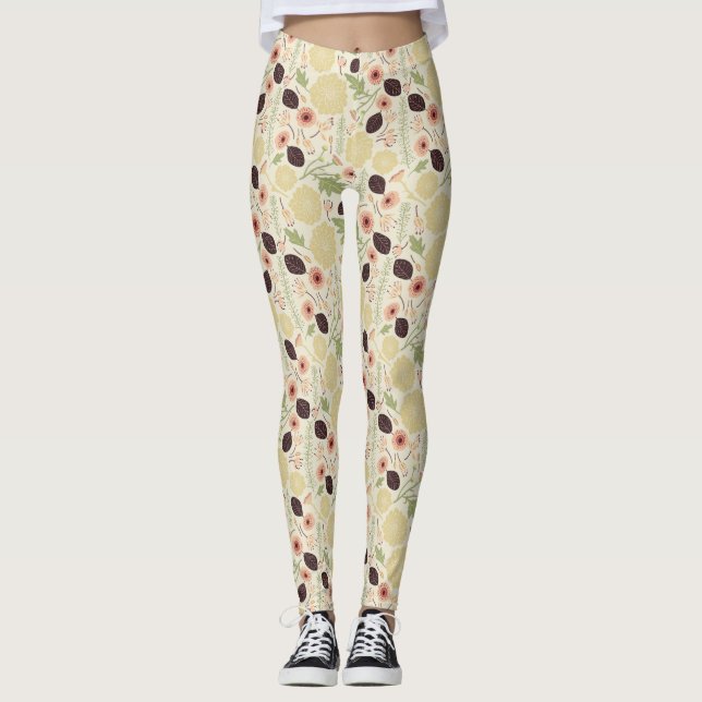 Playful Pink Green Floral Flowers Pattern Leggings (Front)