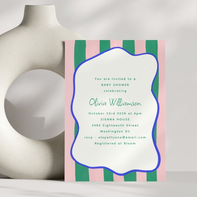 Playful Pink Green Wavy Stripes Baby Shower  Invitation (Creator Uploaded)