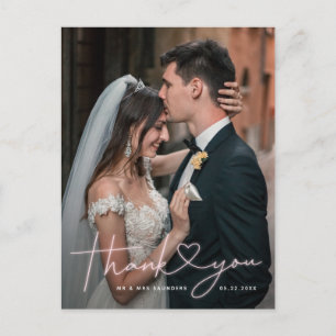 Playful Pink Neon Script Wedding Photo Thank You Postcard