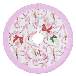 Playful Pink Nutcracker Candy Cane Monogram Fleece Tree Skirt