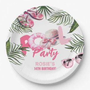 Playful Pink Pool Party Girl Birthday Paper Plate