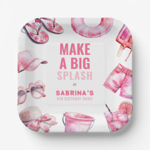 Playful Pink Pool Party Summer Girl's Birthday Paper Plate