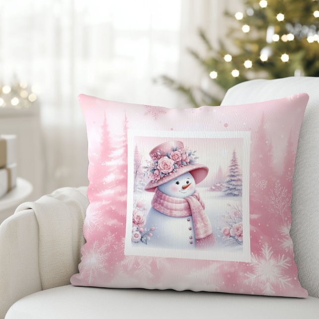 Playful Pink Snowman Pillow Cozy Winter Look (Playful Pink Snowman Pillow Cozy Winter Look)