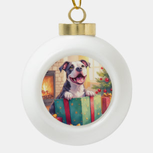 Playful Pitbull Opening Christmas Gifts Holiday Ceramic Ball Christmas Ornament