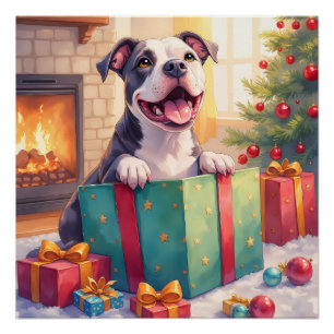 Playful Pitbull Opening Christmas Gifts Holiday Poster