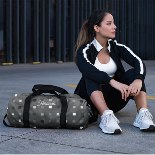 Playful Pixels Check Grey Black Pattern Duffle Bag