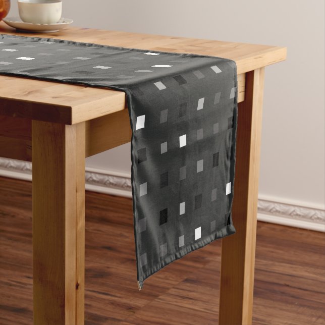  Playful Pixels Check Grey Black Pattern Short Table Runner (In Situ)