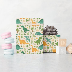 Playful Prehistoric Dinosaur Pattern Cheerful Leaf Wrapping Paper