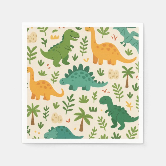 Playful Prehistoric Dinosaur Pattern Kids Birthday Napkin (Front)