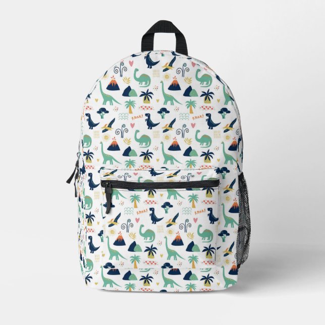 Playful Prehistoric Dinosaur & Volcano Pattern Printed Backpack (Front)