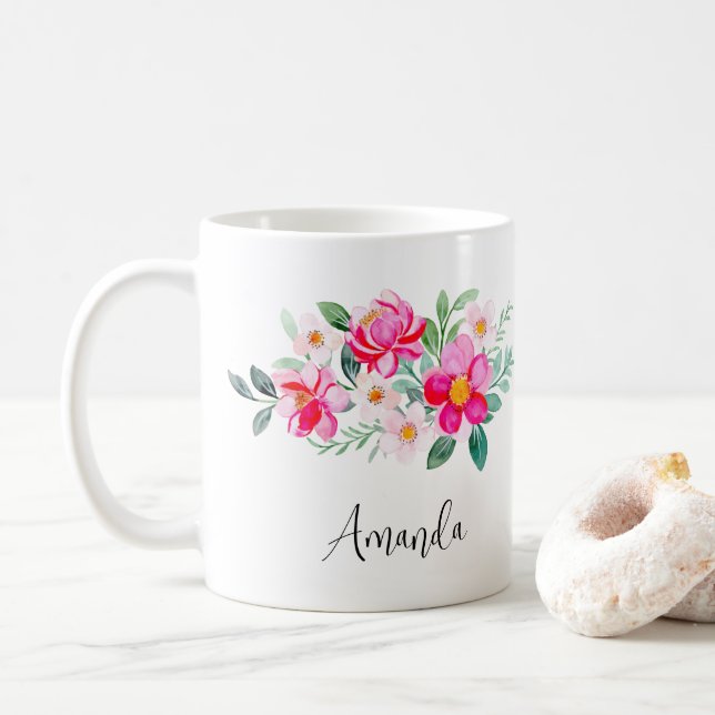Playful Pretty Pink Flower Bouquet Coffee Mug (With Donut)