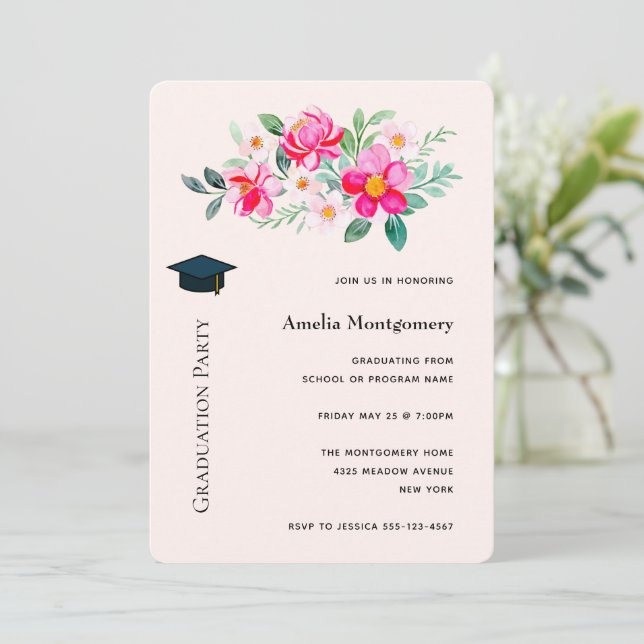Playful Pretty Pink Flower Bouquet Graduation Invitation (Standing Front)
