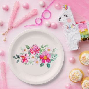 Playful Pretty Pink Flower Bouquet Paper Plate