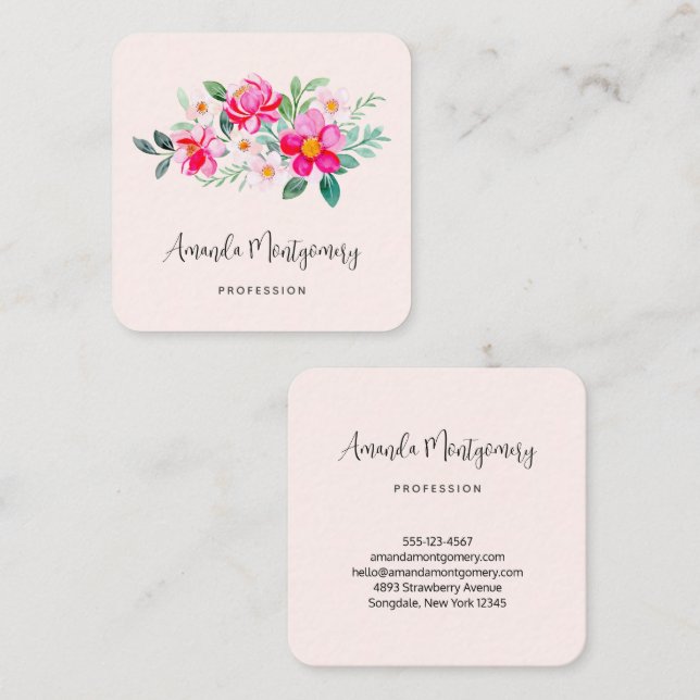 Playful Pretty Pink Flower Bouquet Square Business Card (Front/Back)