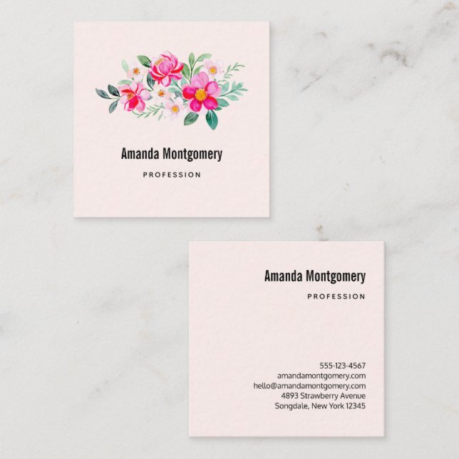 Playful Pretty Pink Flower Bouquet Square Business Card (Front/Back)