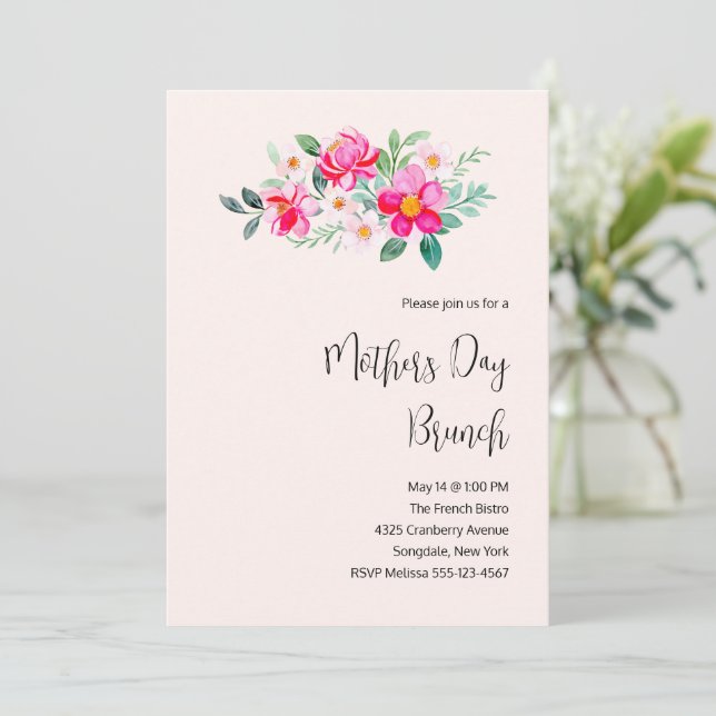 Playful Pretty Pink Flowers Mother's Day Brunch Invitation (Standing Front)