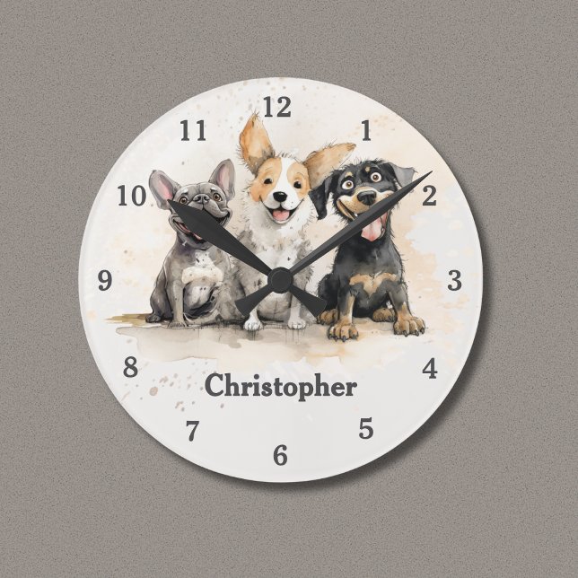 Playful Puppy Dogs Watercolor Personalised Round Clock (Playful Puppy Dogs Personalized Clock with Watercolor Puppies, Boy's Name.)
