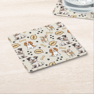Playful Puppy Parade Square Paper Coaster