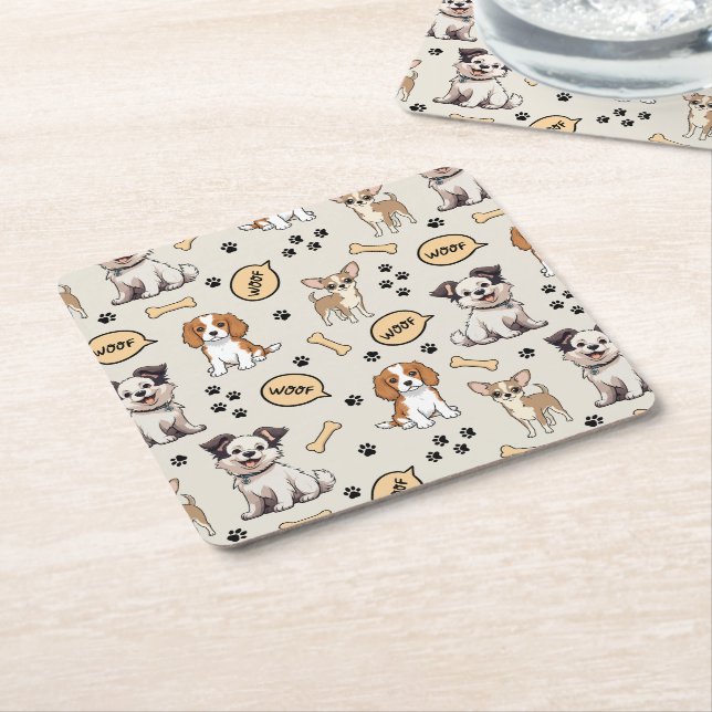 Playful Puppy Parade Square Paper Coaster (Angled)