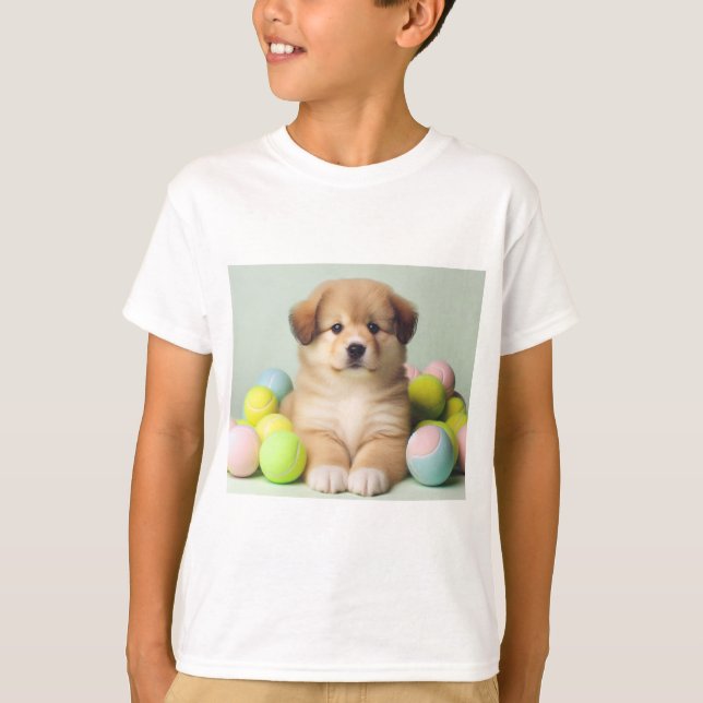 Playful Puppy T-shirt for girls and boys. (Front)