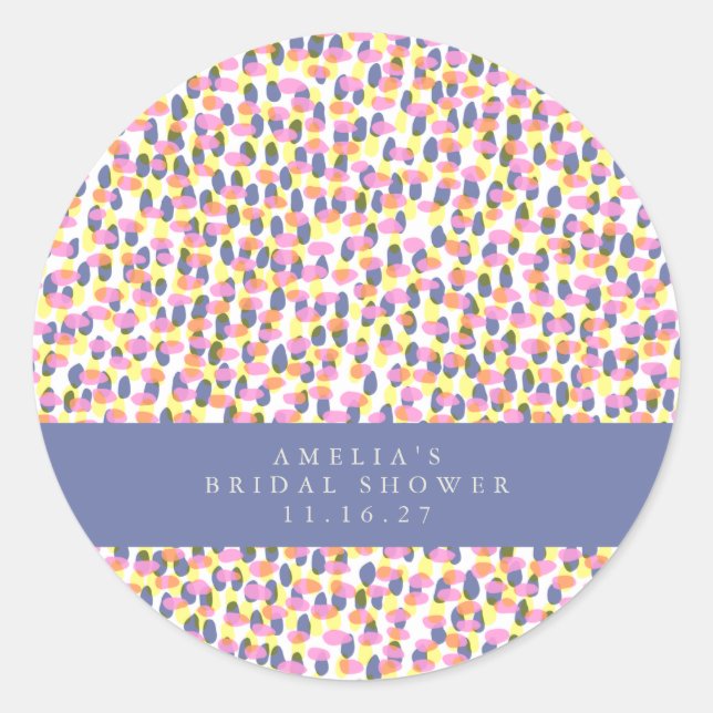 Playful Purple Abstract Dot Custom Bridal Shower Classic Round Sticker (Front)