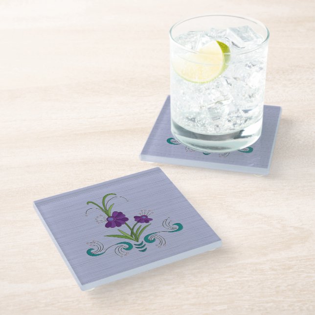 Playful Purple Flower w/Tumbling Teal Swirls Glass Coaster (Angled)