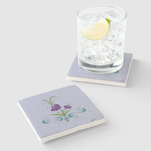 Playful Purple Flower w/Tumbling Teal Swirls Marbl Stone Coaster