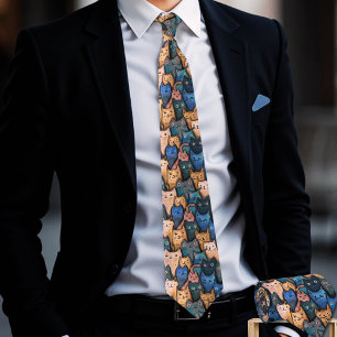 Playful Purr-fect Cats Tie - Blue, Orange Neck Tie