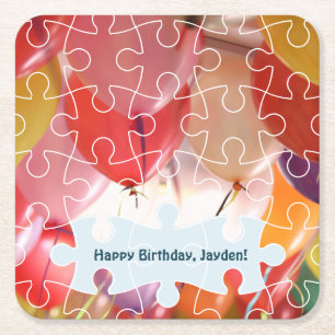 Playful Puzzzle Balloon 4th Birthday Party Square Paper Coaster
