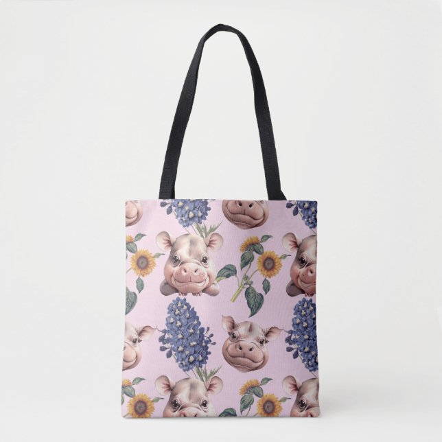 Playful Pygmy Hippo & Floral Tote Bag (Front)