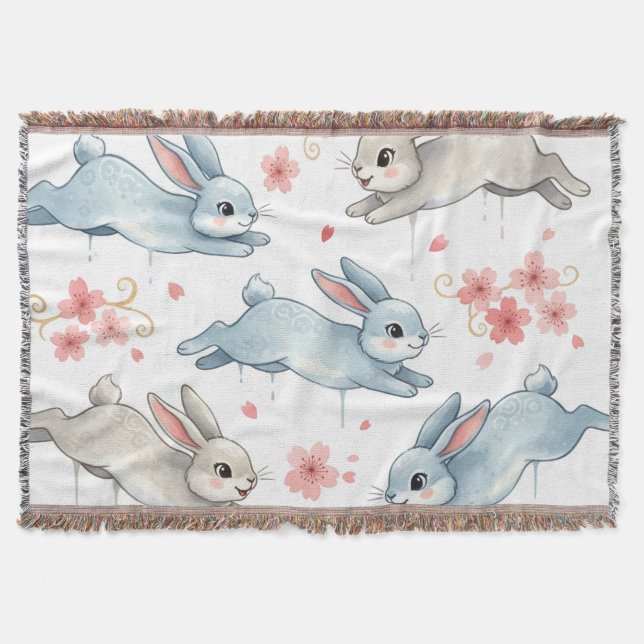 Playful Rabbits in a Blooming Dream Throw Blanket (Front)