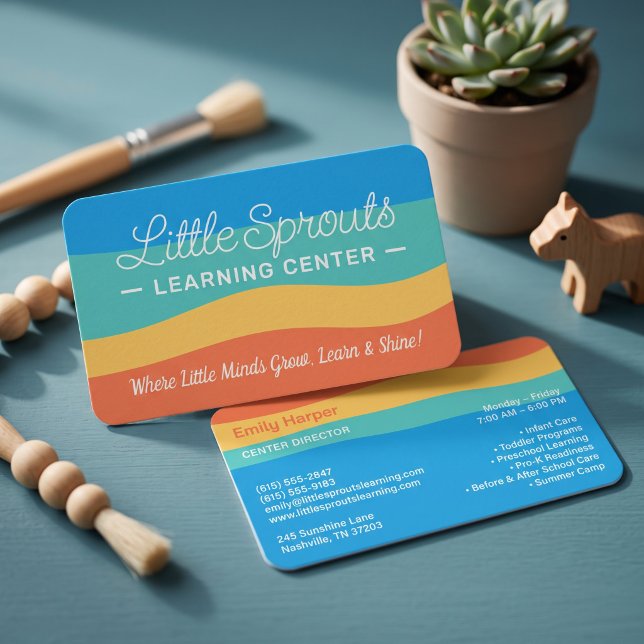 Playful Rainbow Wave Design Business Card (Simulated business cards on table)