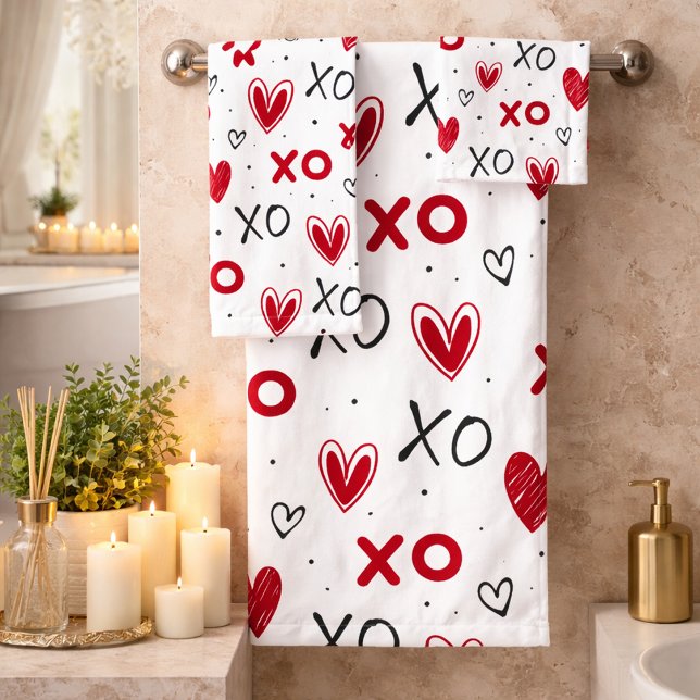 Playful Red & Black XO Heart Pattern on White Bath Towel Set (Creator Uploaded)
