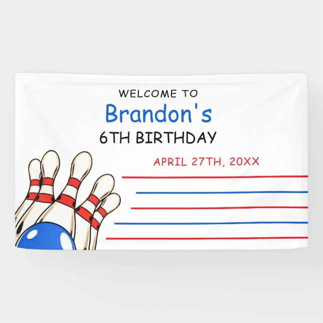 Playful Red & Blue Bowling Themed 6th Birthday Banner (Horizontal)