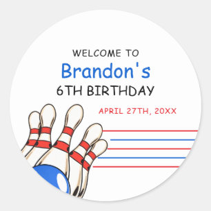 Playful Red & Blue Bowling Themed 6th Birthday Classic Round Sticker