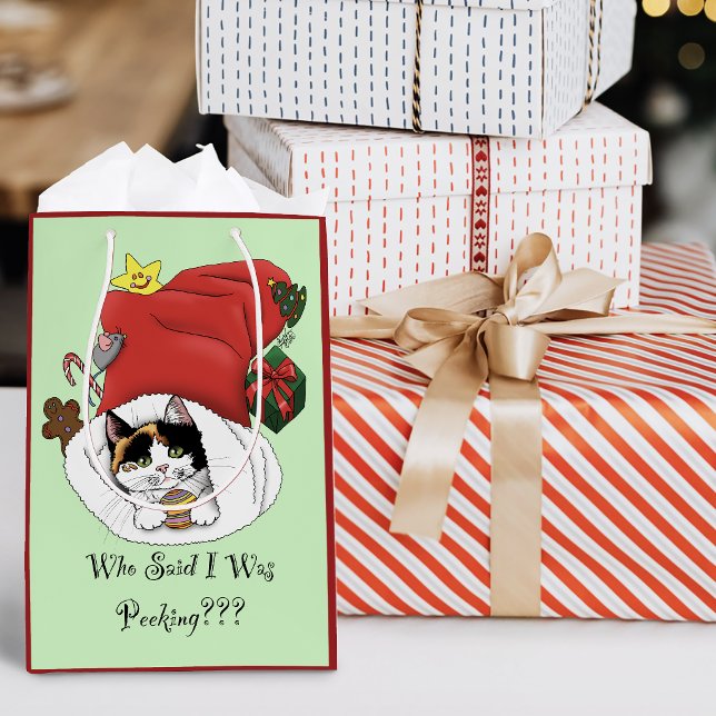 Playful Red Christmas Calico Kitten Holidays Medium Gift Bag (Creator Uploaded)