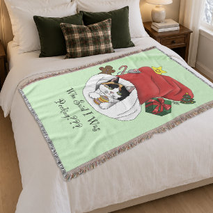 Playful Red Christmas Calico Kitten Holidays Throw Blanket