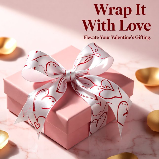 Playful Red Heart Doodle Valentine Pattern Satin Ribbon (Playful Red Heart Doodle Valentine Pattern Satin Ribbon)