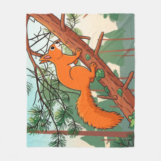 Playful Red Squirrel on Pine Tree Illustration Fleece Blanket